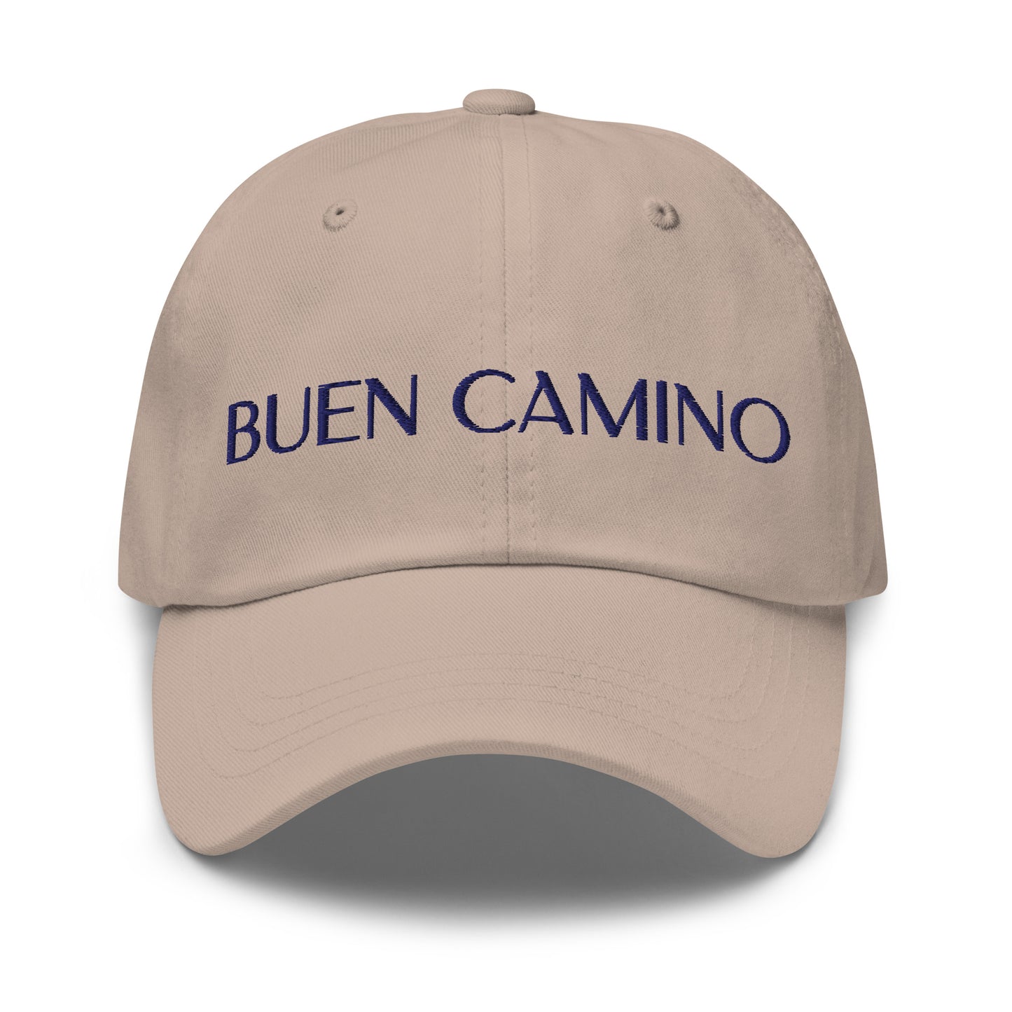 Basecap beige mit dunkelblauer Stickerei 'Buen Camino' – atmungsaktiv und verstellbar