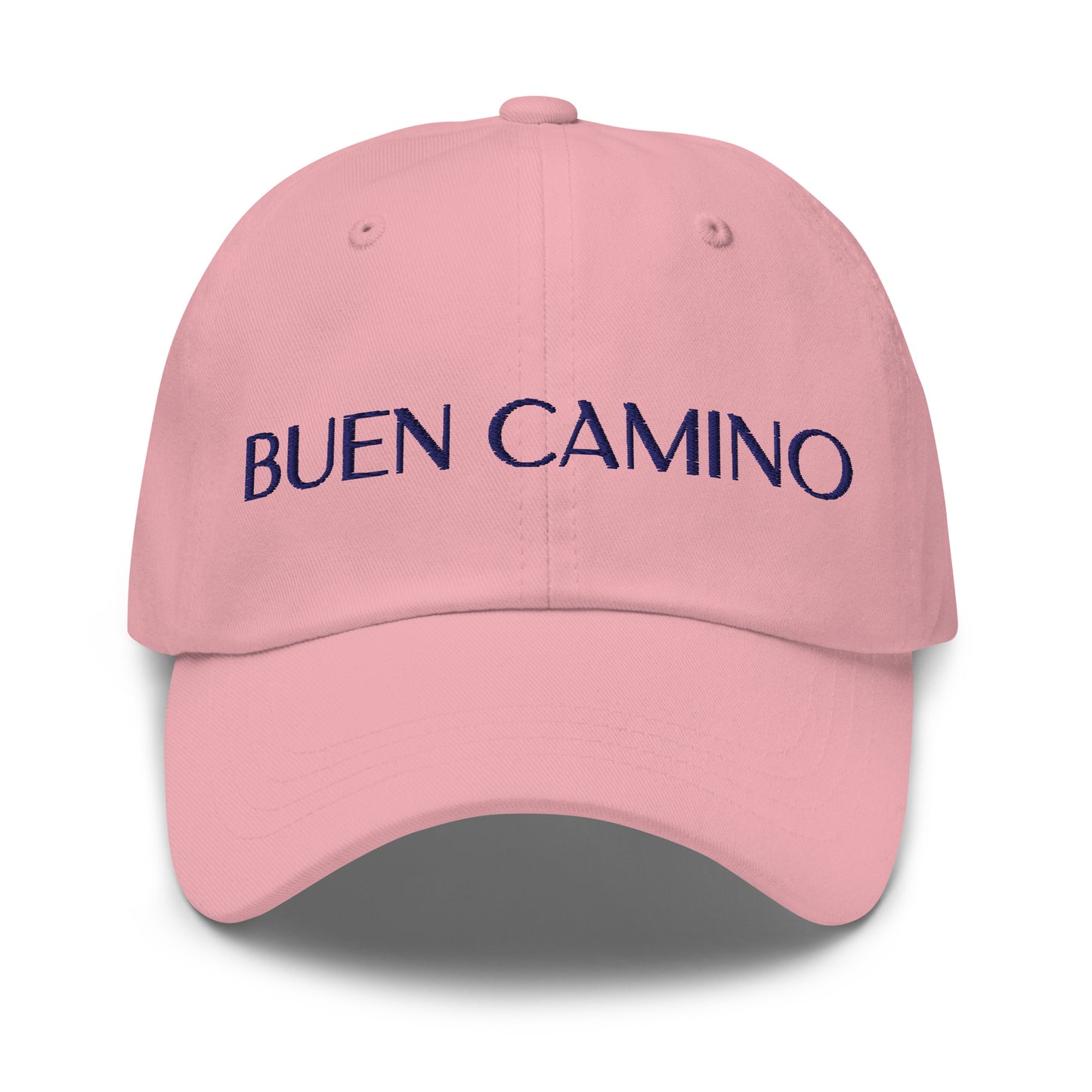 Basecap pink mit dunkelblauer Stickerei 'Buen Camino' – atmungsaktiv und verstellbar