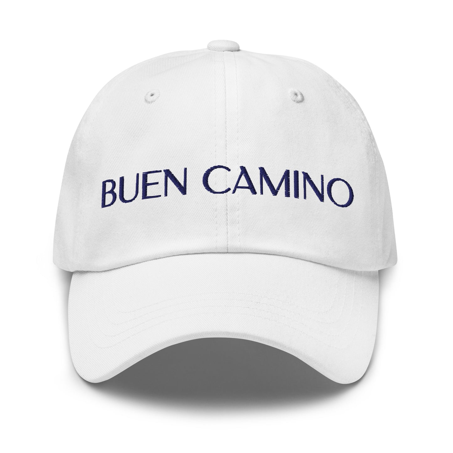Basecap weiss mit dunkelblauer Stickerei 'Buen Camino' – atmungsaktiv und verstellbar