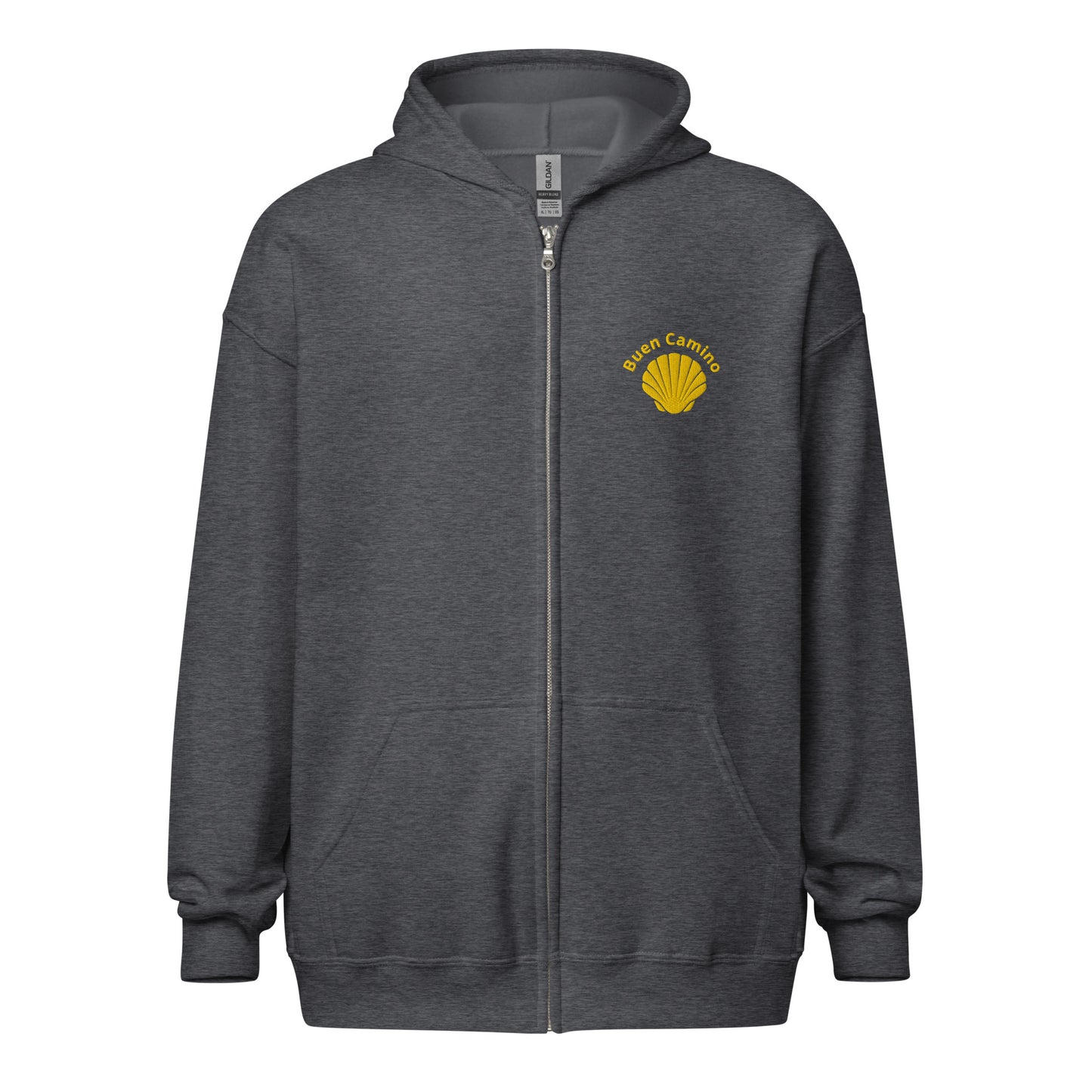 Bestickter Camino de Santiago Zip Hoodie in dunkelgrau mit Jakobsmuschel und 'Buen Camino'-Schriftzug auf der Brust