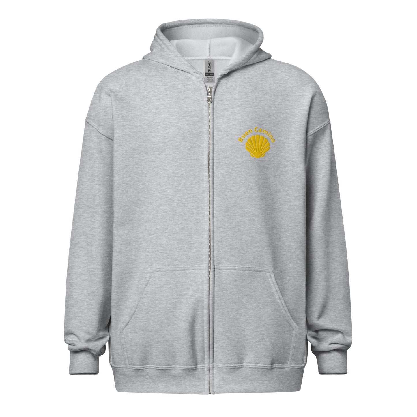 Bestickter Camino de Santiago Zip Hoodie in hellgrau mit Jakobsmuschel und 'Buen Camino'-Schriftzug auf der Brust