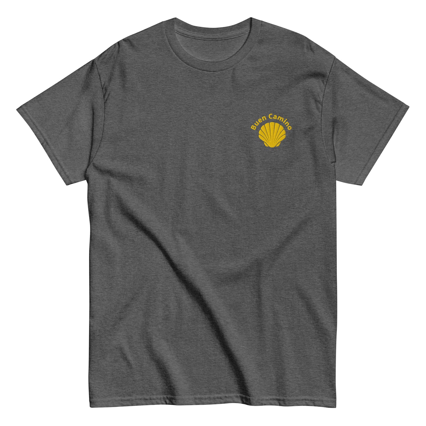 Besticktes Camino de Santiago T-Shirt mit Jakobsmuschel und 'Buen Camino'-Schriftzug auf der Brust, dunkles Heather