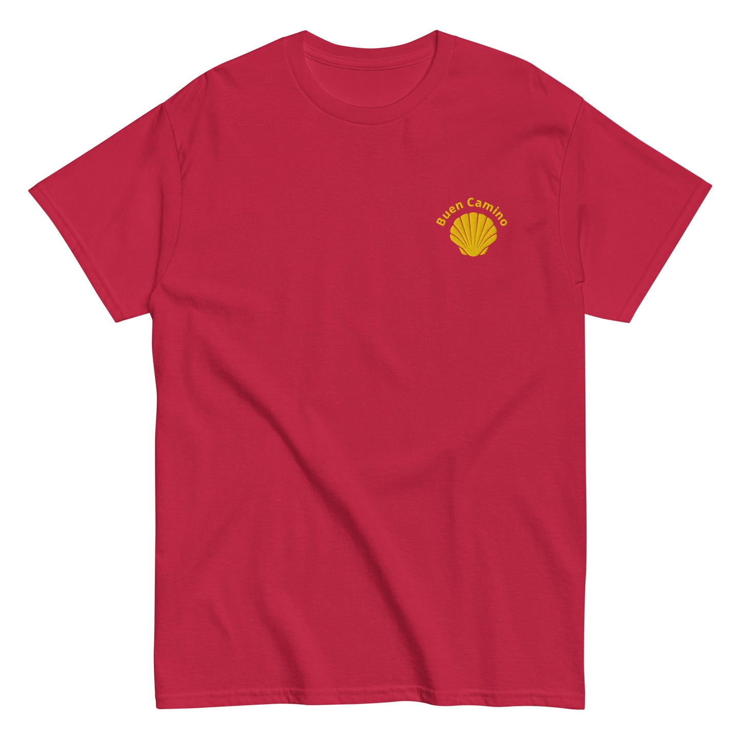 Besticktes Camino de Santiago T-Shirt mit Jakobsmuschel und 'Buen Camino'-Schriftzug auf der Brust, kardinalrot
