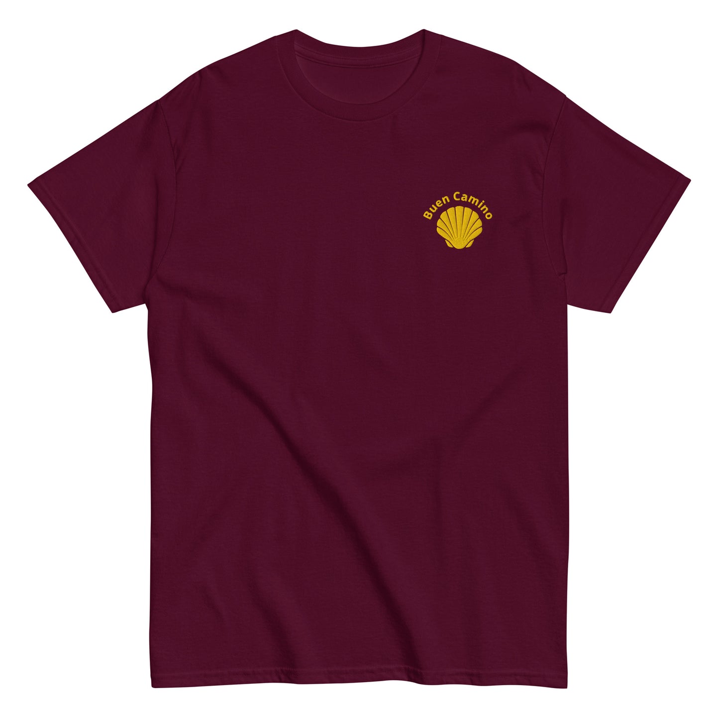 Besticktes Camino de Santiago T-Shirt mit Jakobsmuschel und 'Buen Camino'-Schriftzug auf der Brust, kastanienbraun
