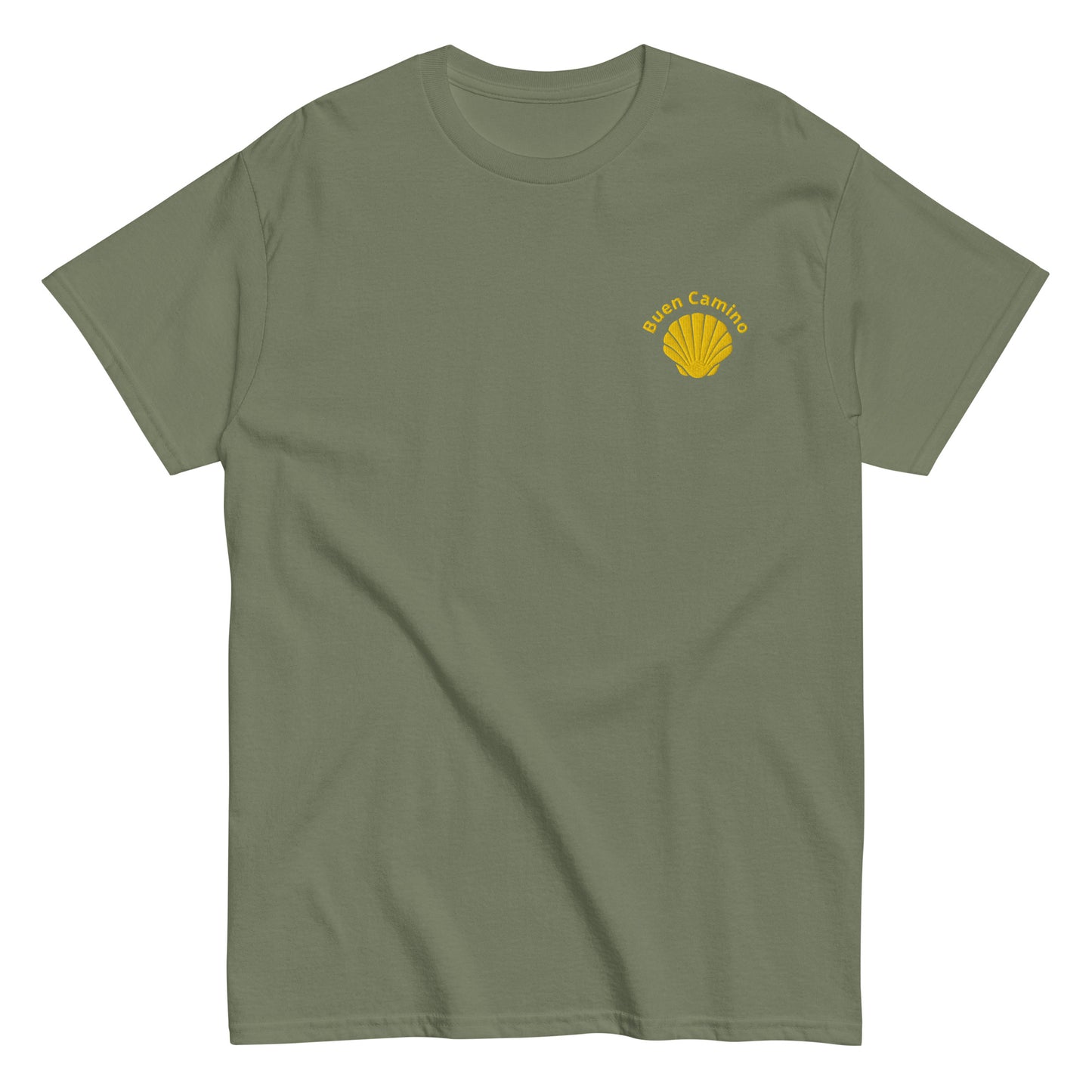 Besticktes Camino de Santiago T-Shirt mit Jakobsmuschel und 'Buen Camino'-Schriftzug auf der Brust, militärgrün