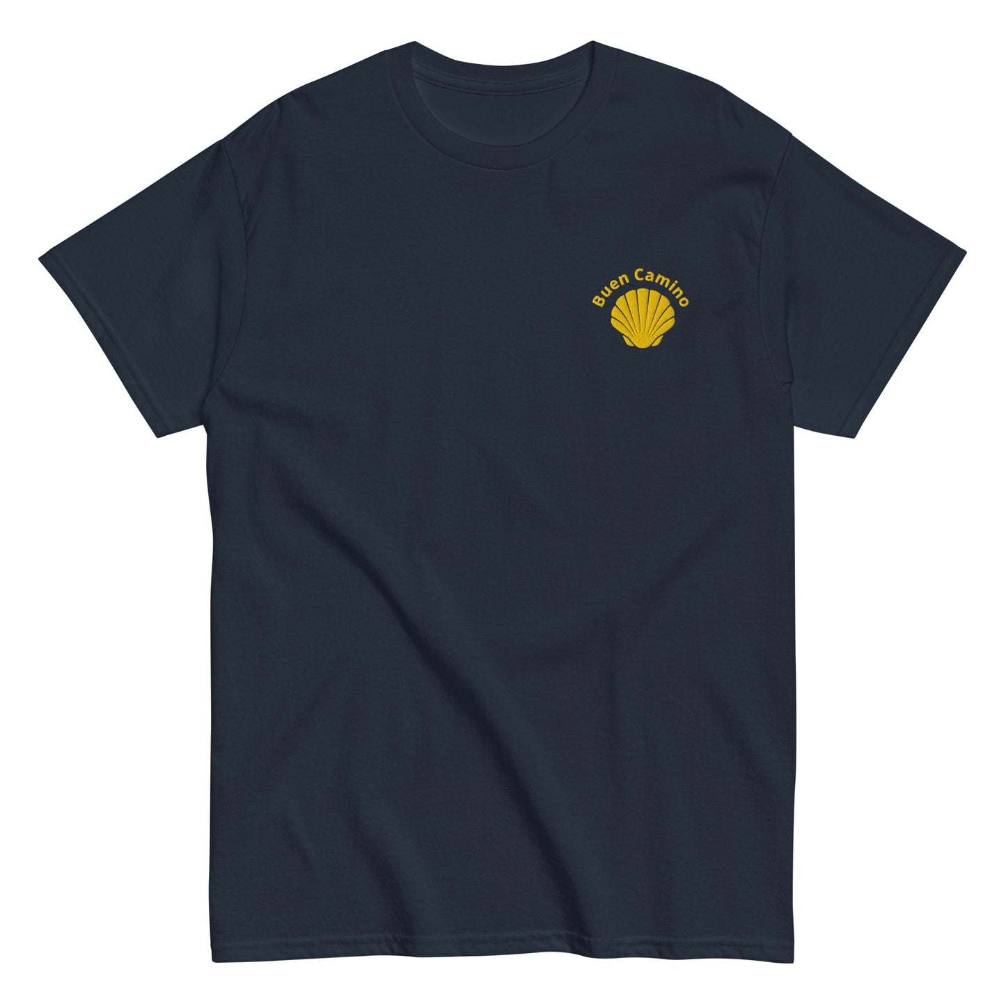 Besticktes Camino de Santiago T-Shirt mit Jakobsmuschel und 'Buen Camino'-Schriftzug auf der Brust, navy