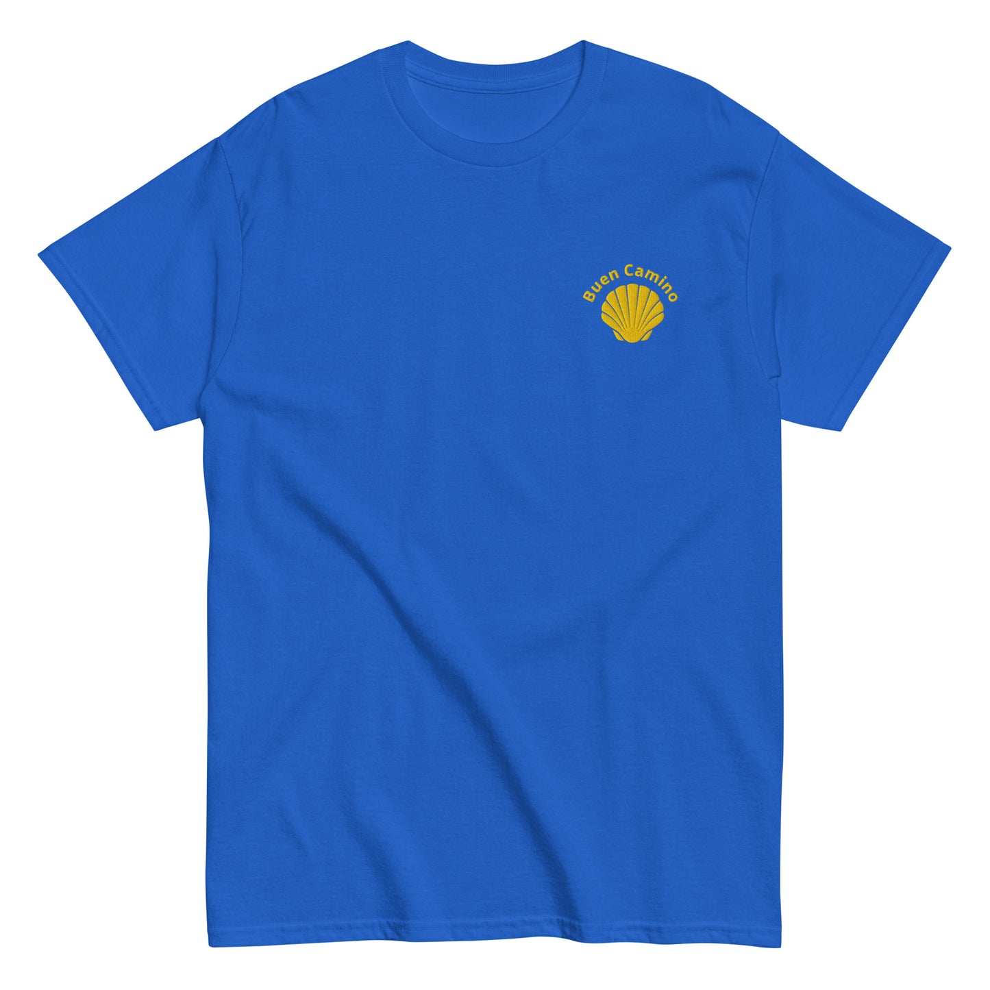 Besticktes Camino de Santiago T-Shirt mit Jakobsmuschel und 'Buen Camino'-Schriftzug auf der Brust, royalblau