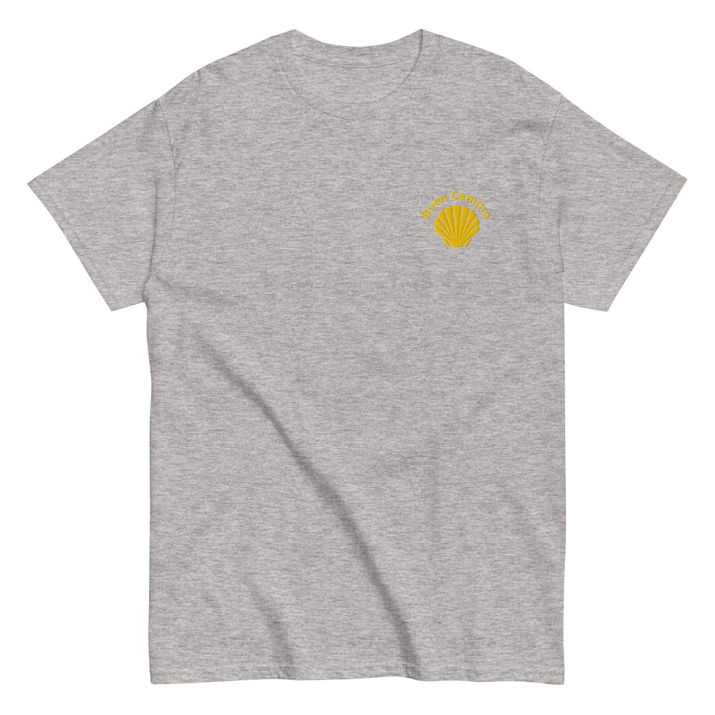 Besticktes Camino de Santiago T-Shirt mit Jakobsmuschel und 'Buen Camino'-Schriftzug auf der Brust, sportgrau