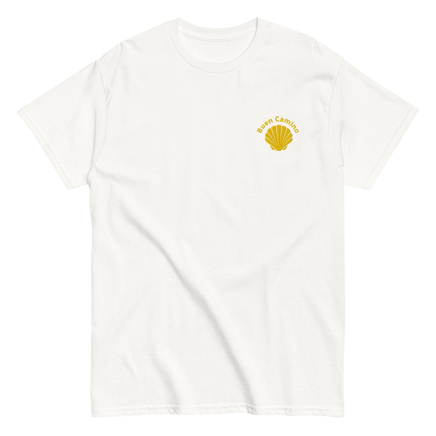 Besticktes Camino de Santiago T-Shirt mit Jakobsmuschel und 'Buen Camino'-Schriftzug auf der Brust, weiss
