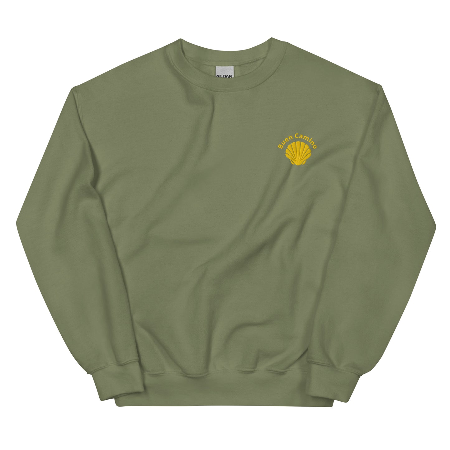 Buen Camino Pullover oliv– Besticktes Jakobsweg Sweatshirt für Pilger