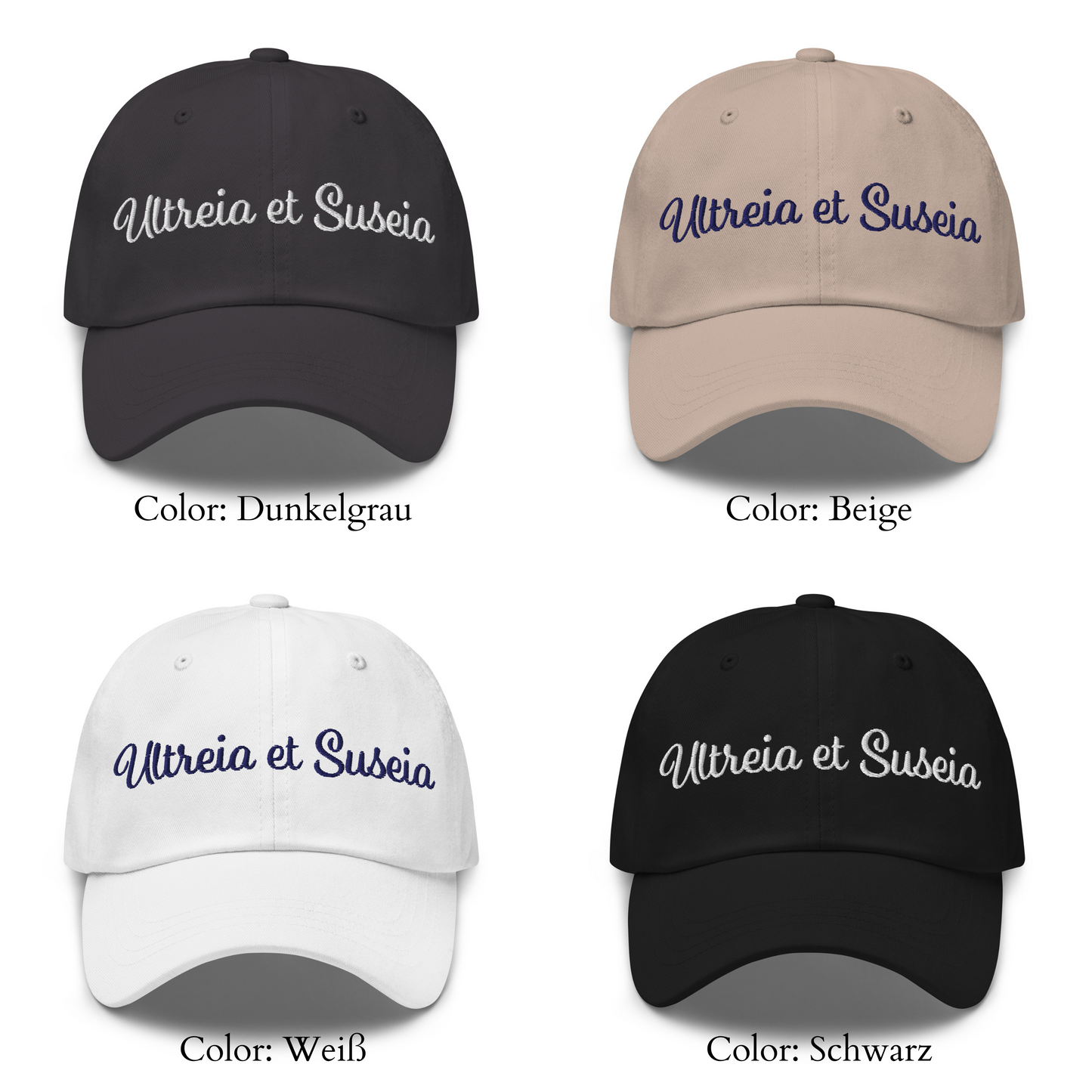 Dark Grey, Beige, White, Black Ultreia et suseia cap. Beige hat blaues Stickarn, alle anderen weiss