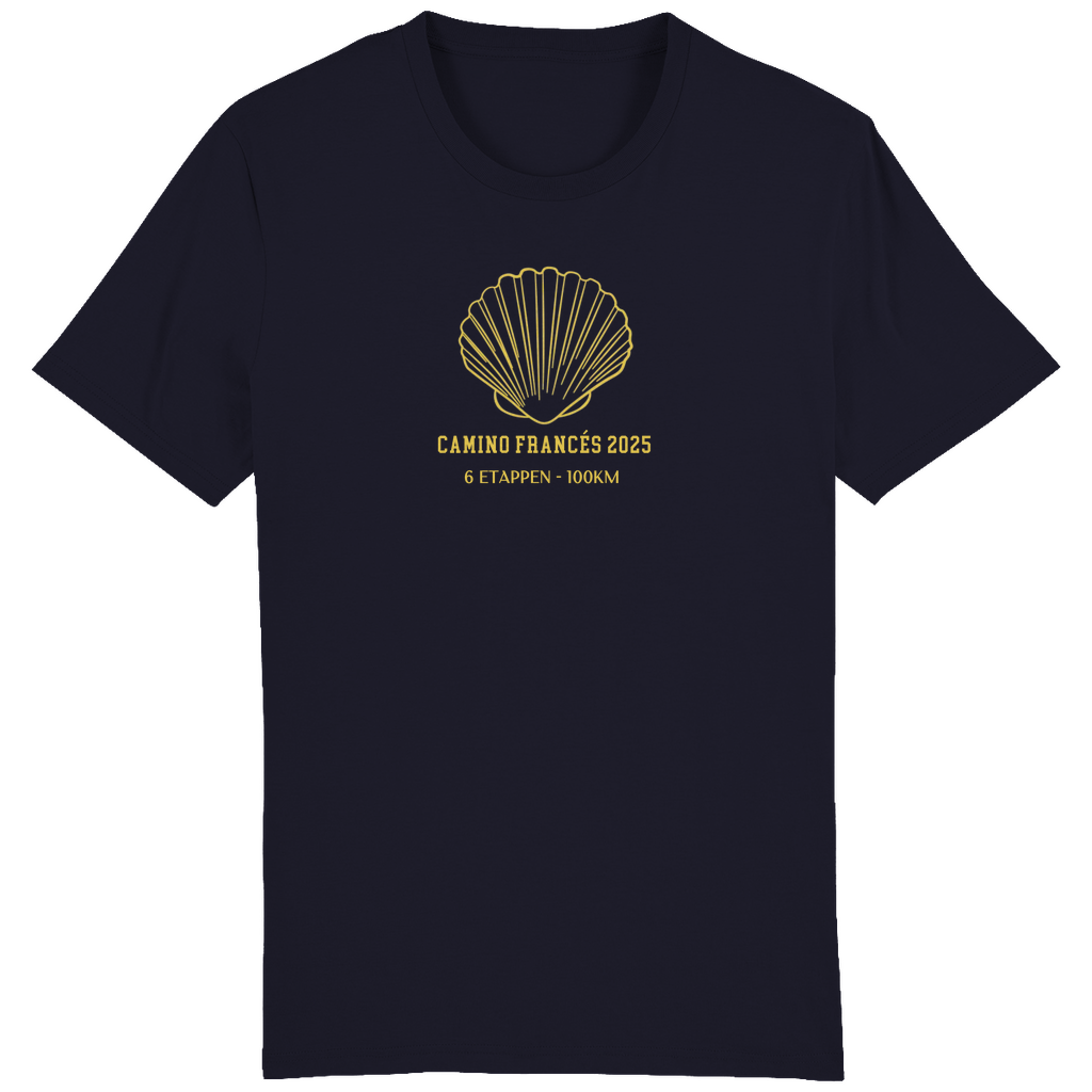 Stilvolles Camino T-Shirt in Navy Blue, aus nachhaltiger Bio-Baumwolle, mit personalisierbarem Jakobsweg-Motiv.