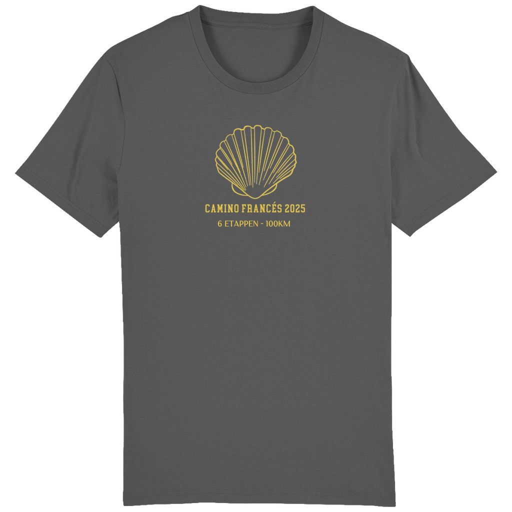 Trendiges Camino T-Shirt in dunklem Heather Grey, nachhaltig & personalisierbar – ideal für Jakobsweg-Fans.
