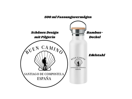 Edelstahl-Trinkflasche mit Bambusdeckel mit Pilgerin 500 ml