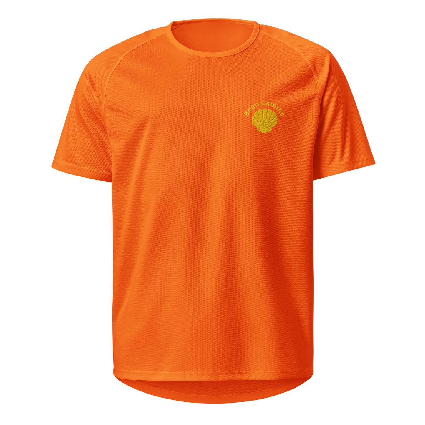 Leuchtendes Camino-Shirt in Orange mit bestickter Jakobsmuschel. Besonders leicht, schnelltrocknend & ideal für heiße Pilgeretappen.