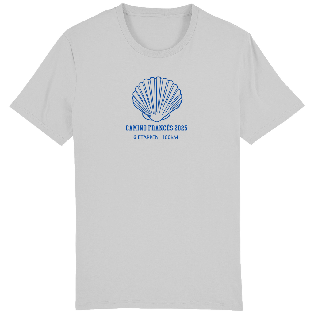 Personalisiertes Unisex Bio Premium T-Shirt in Heather Grey mit einer großen Jakobsmuschel und Deinem Jakobsweg, Etappen und Kilometern