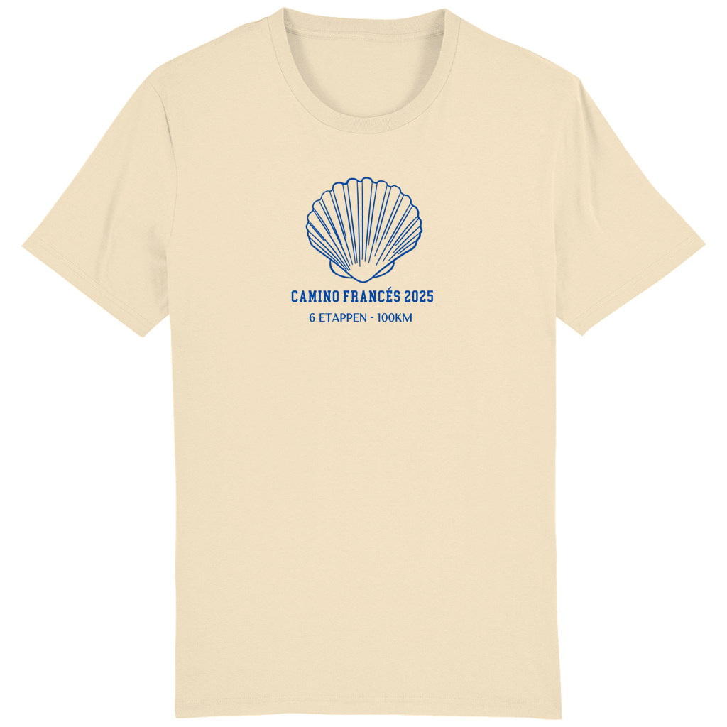 Personalisiertes Unisex Bio Premium T-Shirt in natural mit einer großen Jakobsmuschel und Deinem Jakobsweg, Etappen und Kilometern