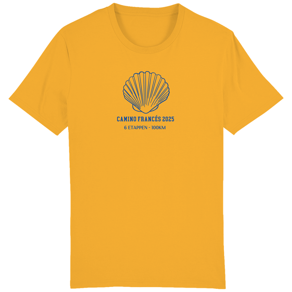 Personalisiertes Unisex Bio Premium T-Shirt in gelb mit einer großen Jakobsmuschel und Deinem Jakobsweg, Etappen und Kilometern