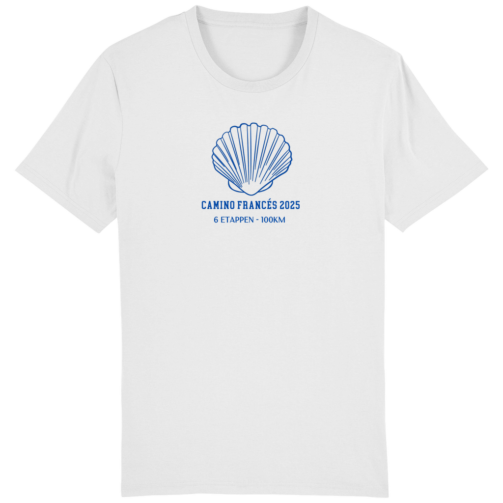 Personalisiertes Unisex Bio Premium T-Shirt in weiß mit einer großen Jakobsmuschel und Deinem Jakobsweg, Etappen und Kilometern