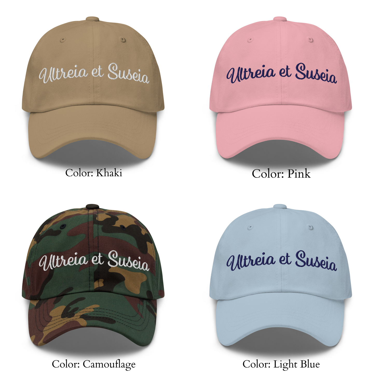 Ultreis et Suseia cap in den Farben Khaki, pink, Camouflage und Light Blue. Pink und light Blue sind in blauen Stickgarn gestickt, die anderen farben weiss