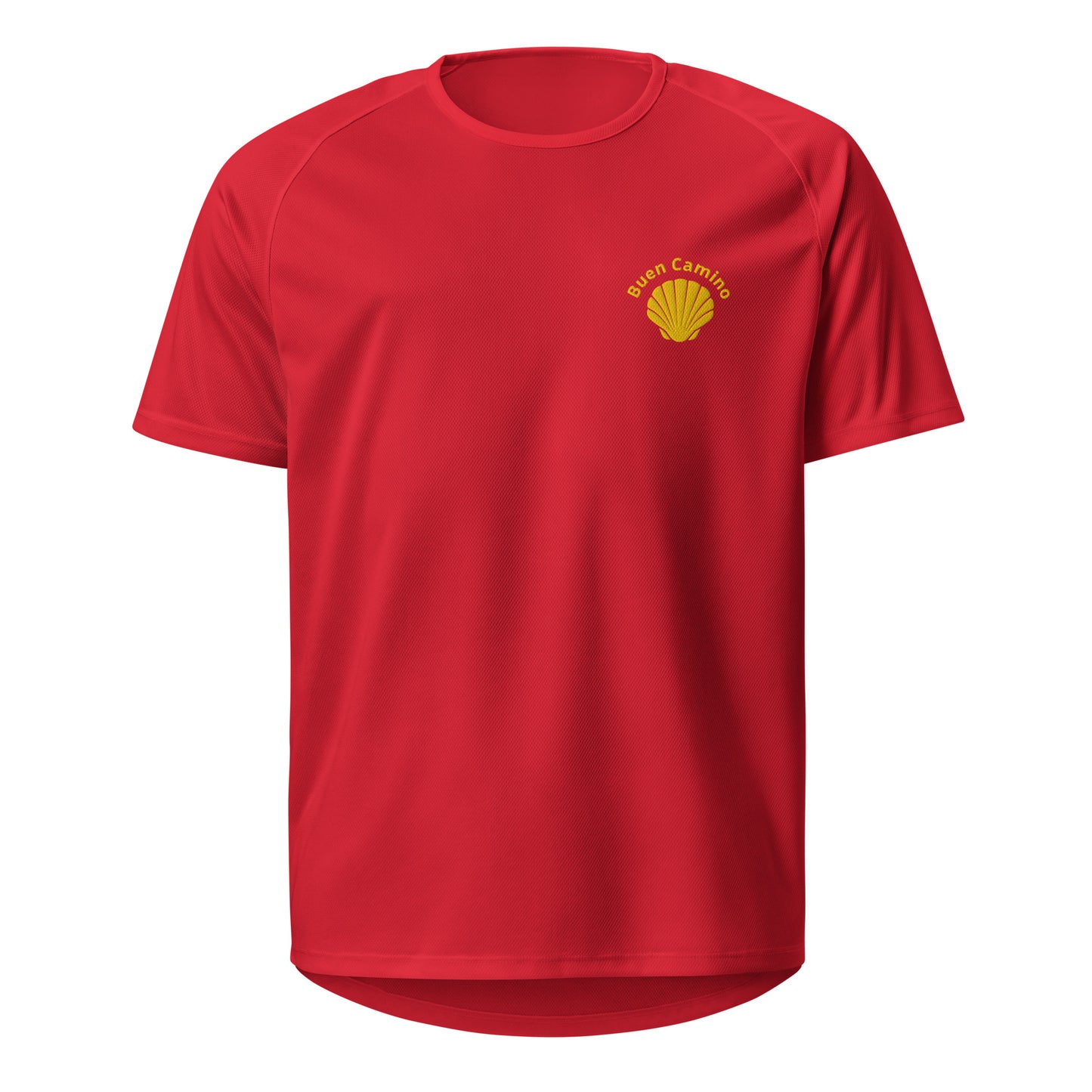 Auffälliges Pilger T-Shirt in Rot mit bestickter Camino-Muschel. Leicht, atmungsaktiv & perfekt für sonnige Jakobsweg-Etappen.