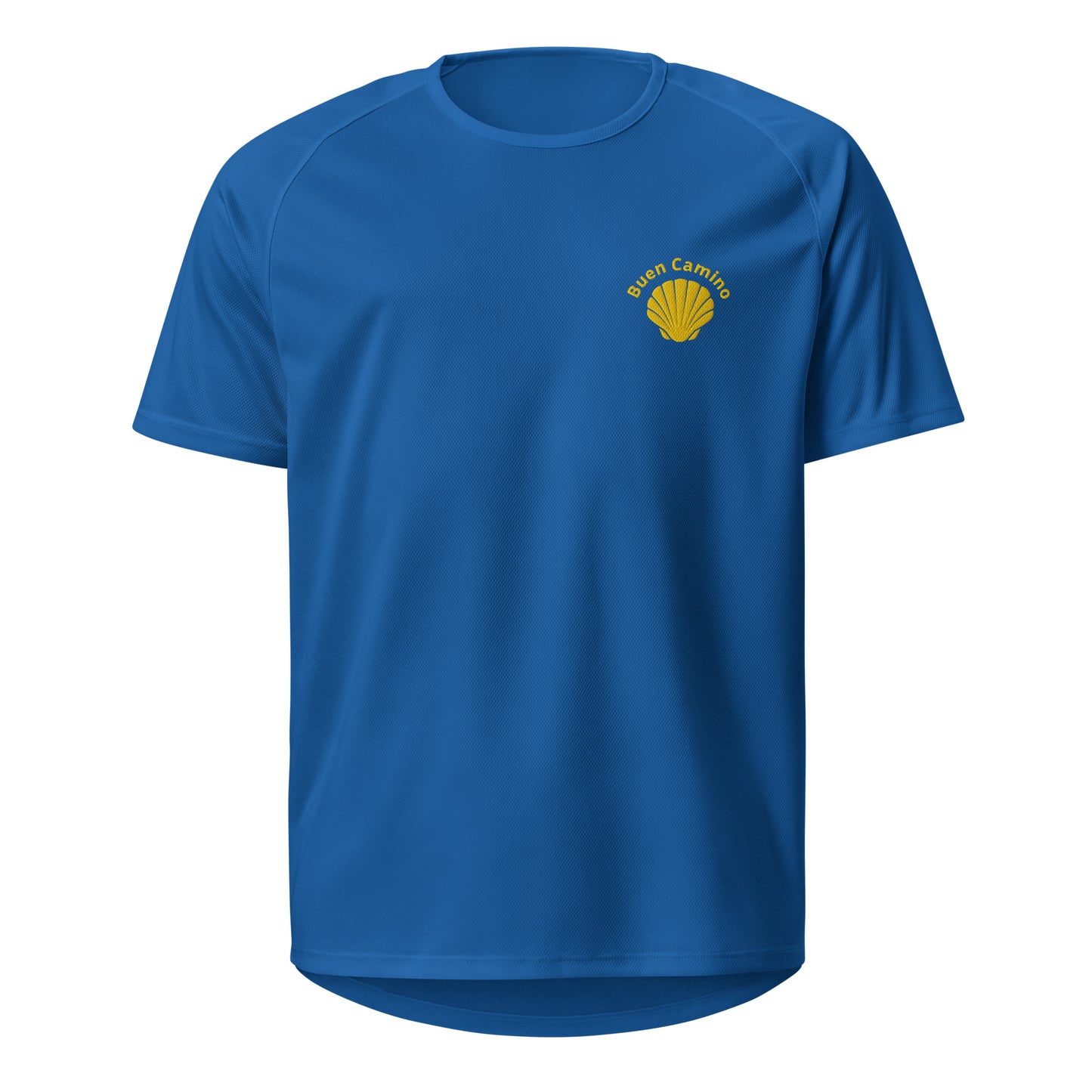 Strahlend blaues Camino de Santiago T-Shirt mit hochwertiger Stickerei. Schnelltrocknend, elastisch & angenehm auf langen Wanderungen.