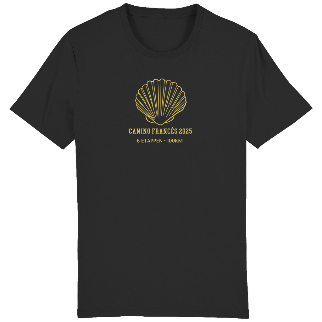 Modernes schwarzes Camino T-Shirt aus Bio-Baumwolle – personalisierbarer Text für deinen individuellen Jakobsweg-Look.