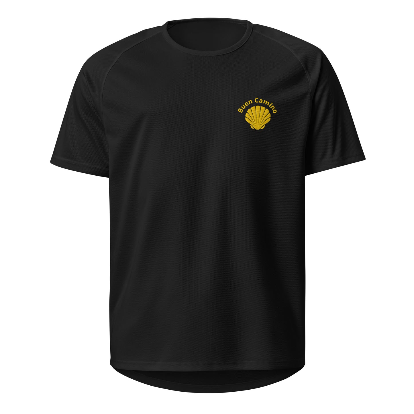 Gesticktes Camino de Santiago-Sportshirt in schwarz mit Jakobsmuschel und dem Text „Buen Camino“ auf der linken Brust