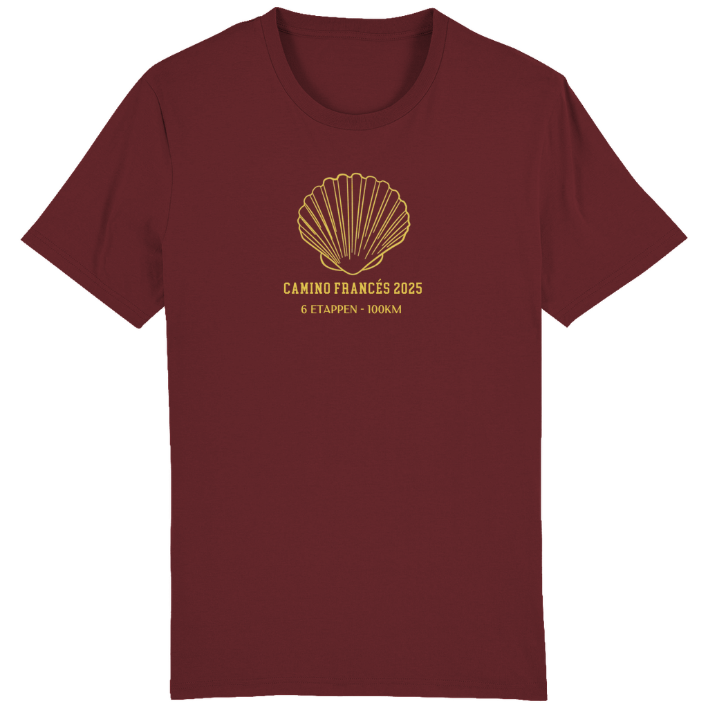 Edles burgunderrotes Camino T-Shirt aus Bio-Baumwolle mit personalisierbarem Design – perfekt als Pilger-Andenken.