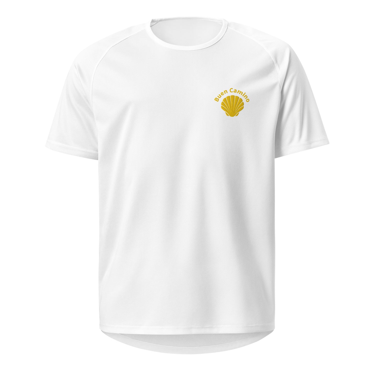 Klassisches Pilger-Shirt in Weiß mit hochwertiger Camino-Stickerei. Perfekt für warme Sommertage auf dem Jakobsweg.