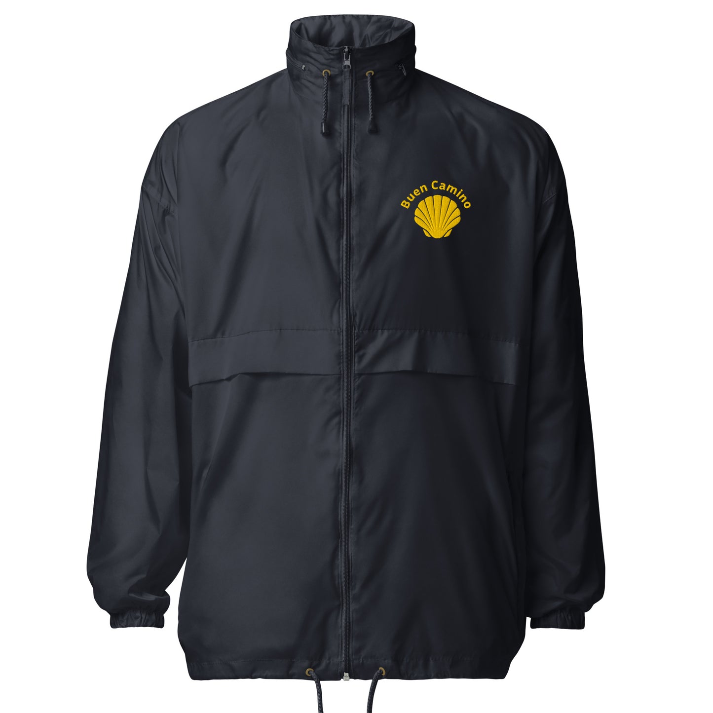 Leichte, faltbare Windjacke mit „Buen Camino“-Stickerei. Wasser- & windabweisend, mit Reißverschlüssen, Kapuze & Belüftungssystem in navy