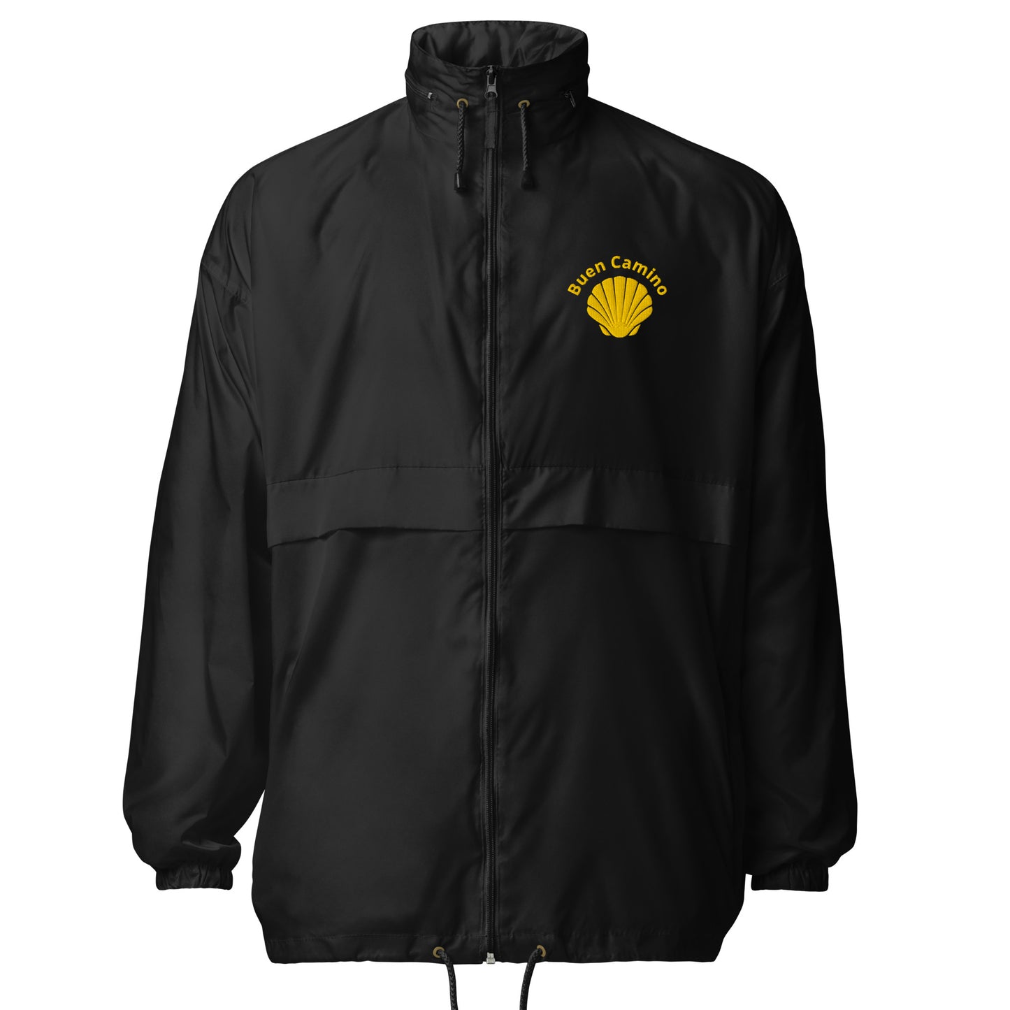 Leichte, faltbare Windjacke mit „Buen Camino“-Stickerei. Wasser- & windabweisend, mit Reißverschlüssen, Kapuze & Belüftungssystem in schwarz
