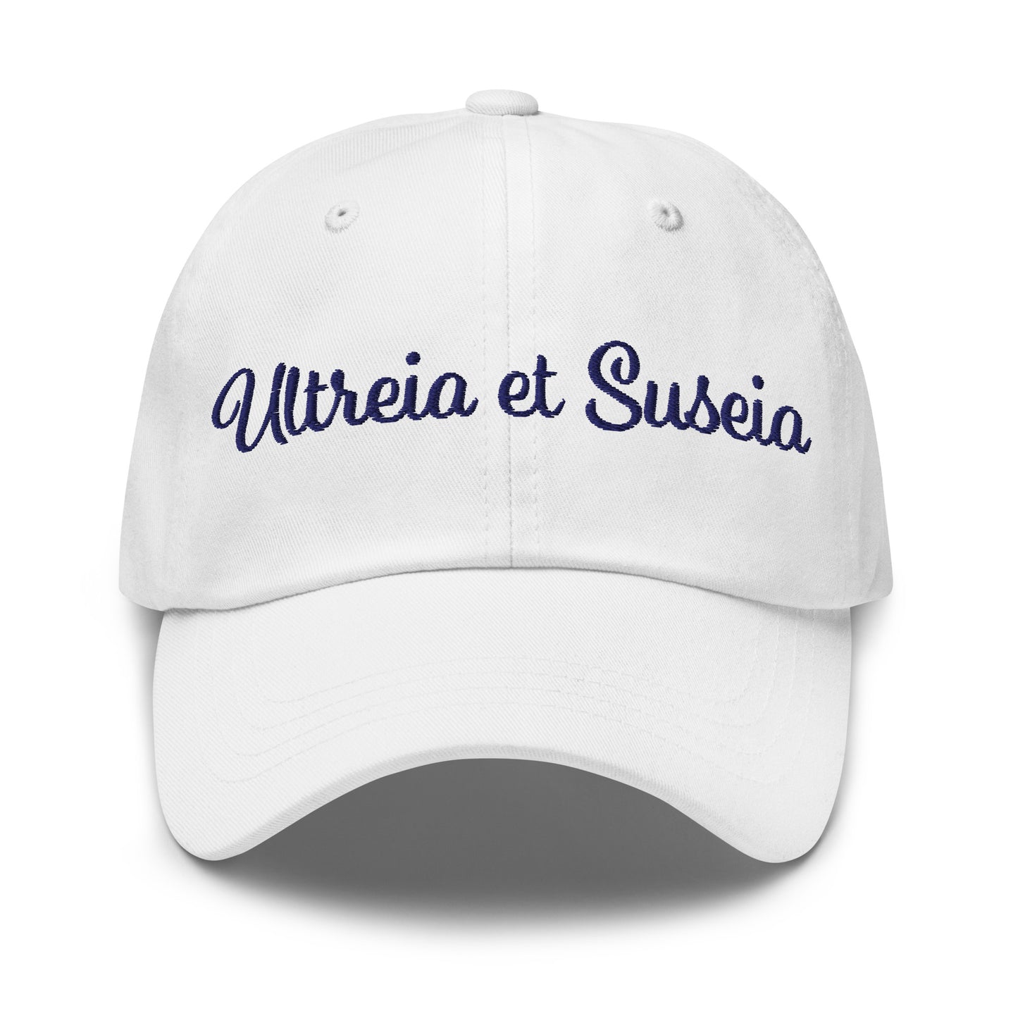 Weisse Ultreia Et Suseia Cap fuer Pilger, blaues Strickgarn