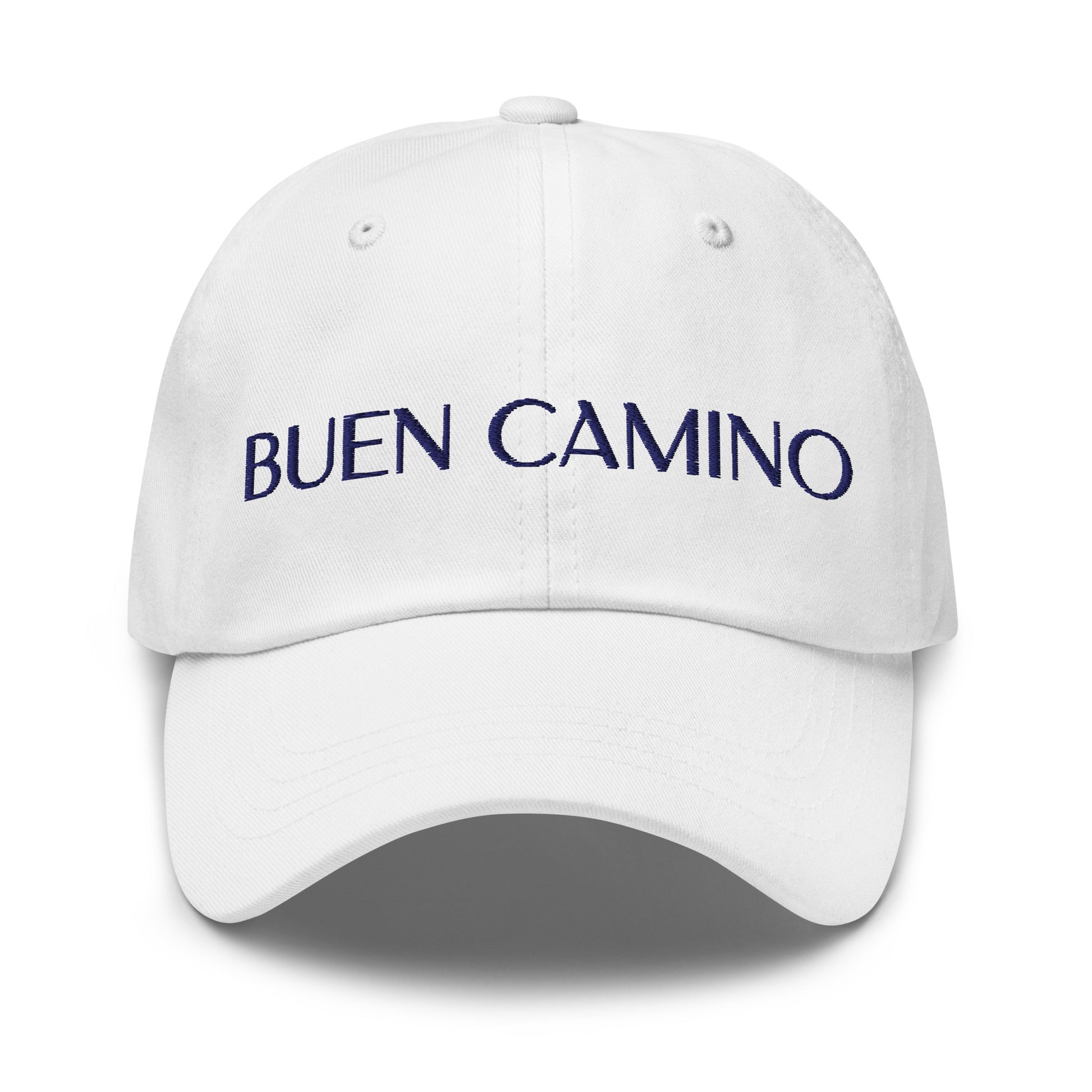Basecap weiss mit dunkelblauer Stickerei 'Buen Camino' – atmungsaktiv und verstellbar