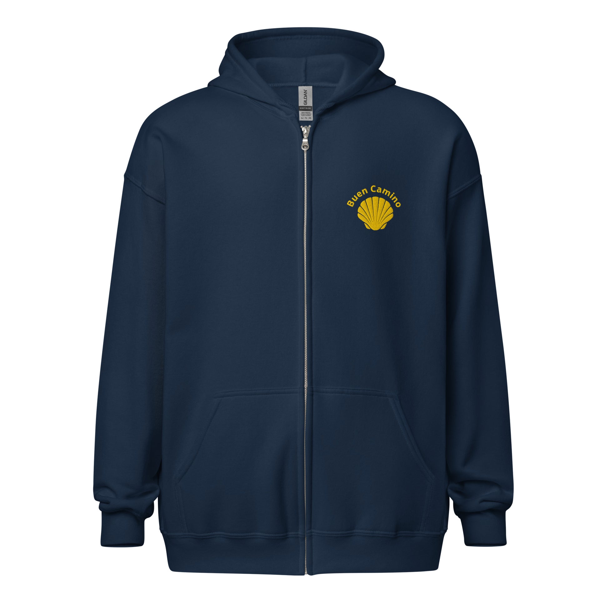 Bestickter Camino de Santiago Zip Hoodie in Navy mit Jakobsmuschel und 'Buen Camino'-Schriftzug auf der Brust