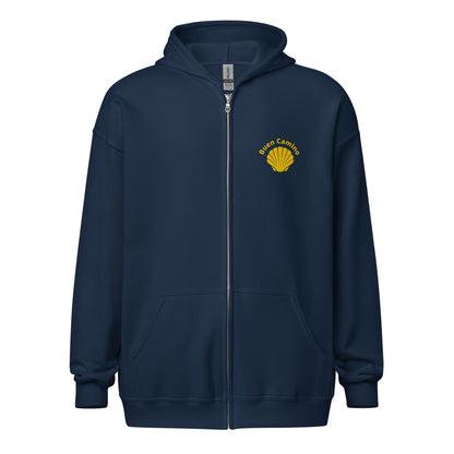 Bestickter Camino de Santiago Zip Hoodie in Navy mit Jakobsmuschel und 'Buen Camino'-Schriftzug auf der Brust