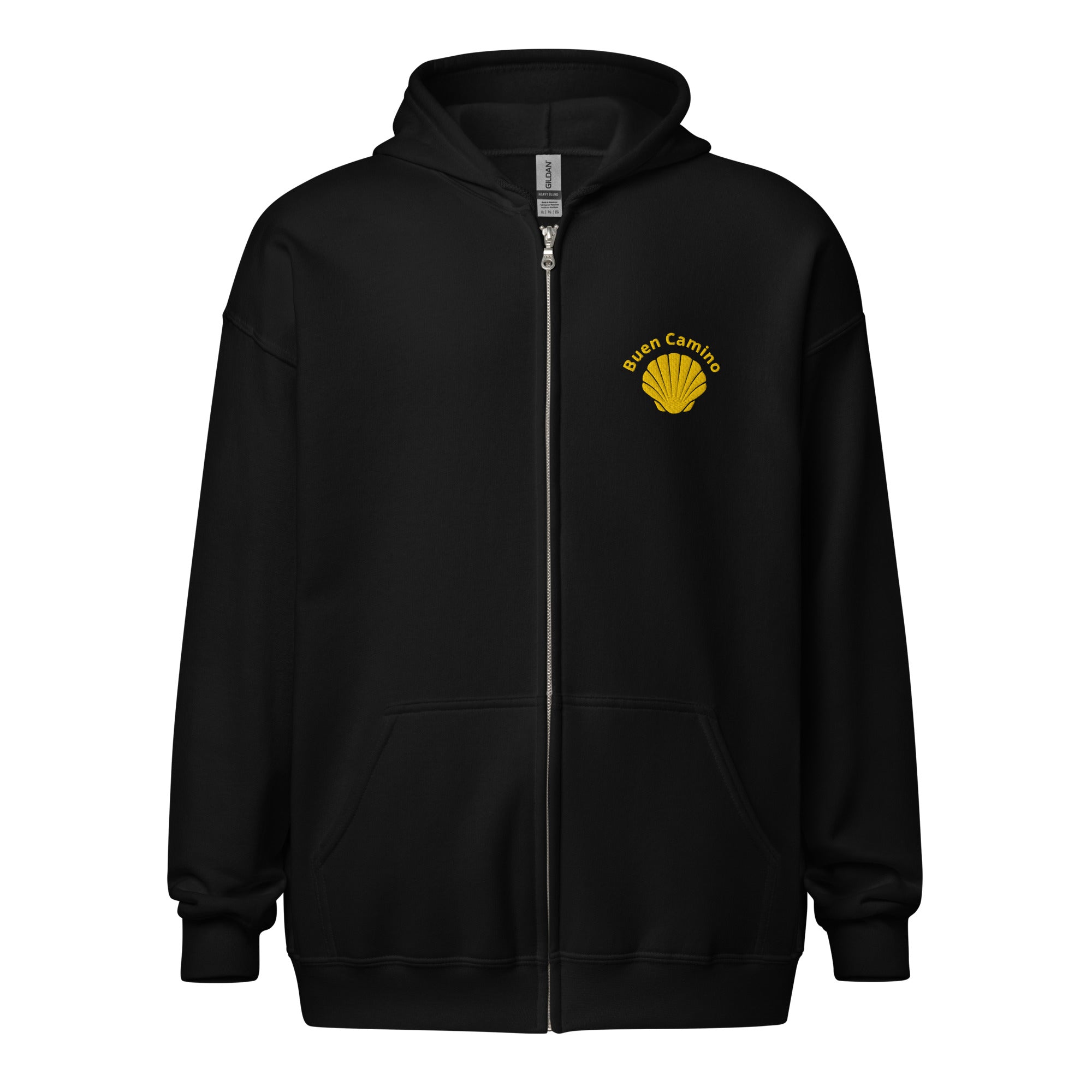 Bestickter Camino de Santiago Zip Hoodie in Schwarz mit Jakobsmuschel und 'Buen Camino'-Schriftzug auf der Brust