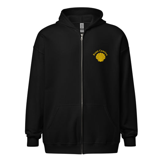 Bestickter Camino de Santiago Zip Hoodie in Schwarz mit Jakobsmuschel und 'Buen Camino'-Schriftzug auf der Brust