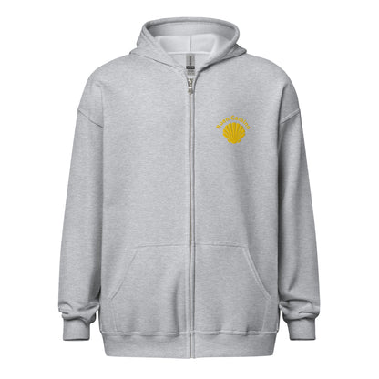 Bestickter Camino de Santiago Zip Hoodie in hellgrau mit Jakobsmuschel und 'Buen Camino'-Schriftzug auf der Brust