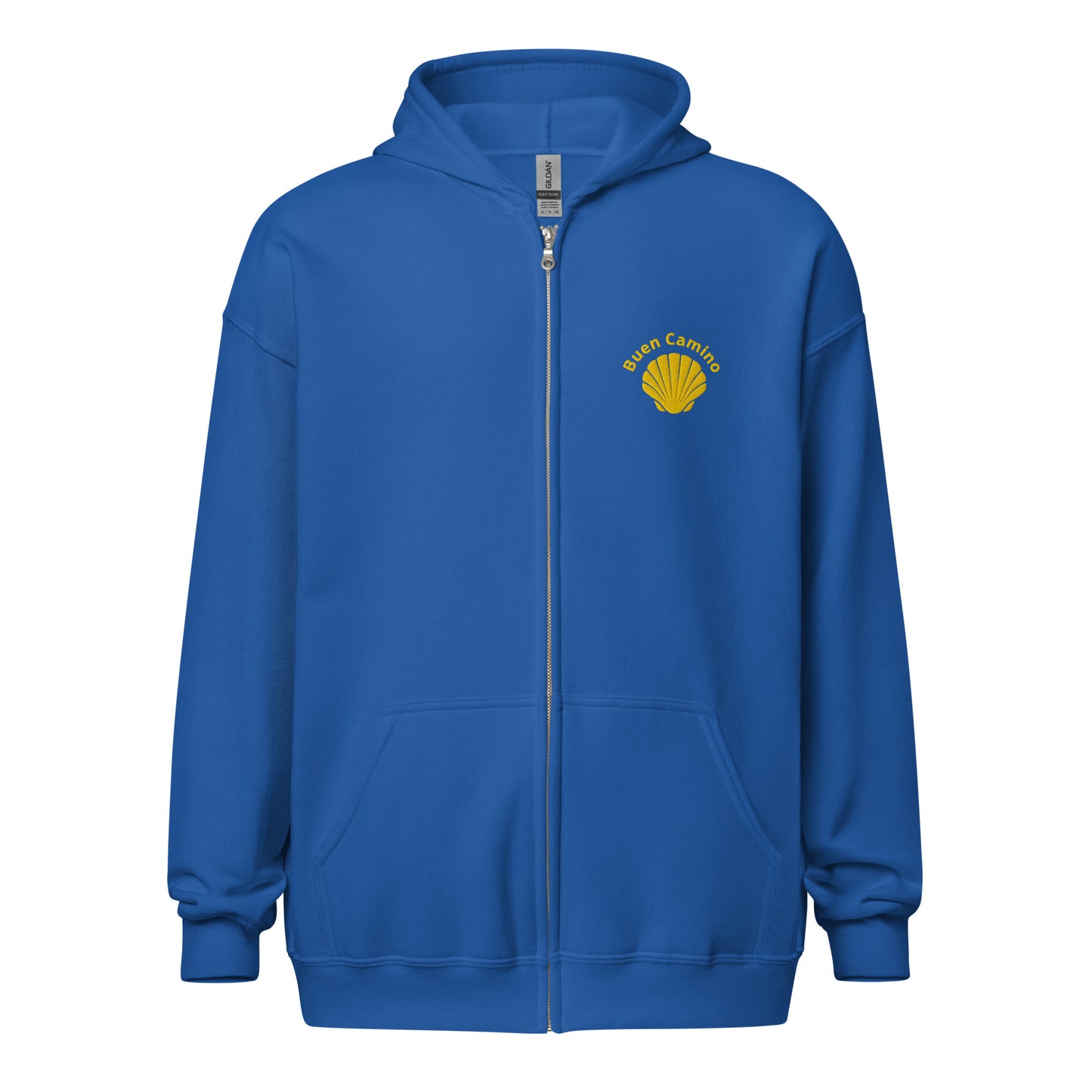 Bestickter Camino de Santiago Zip Hoodie in royalblau mit Jakobsmuschel und 'Buen Camino'-Schriftzug auf der Brust