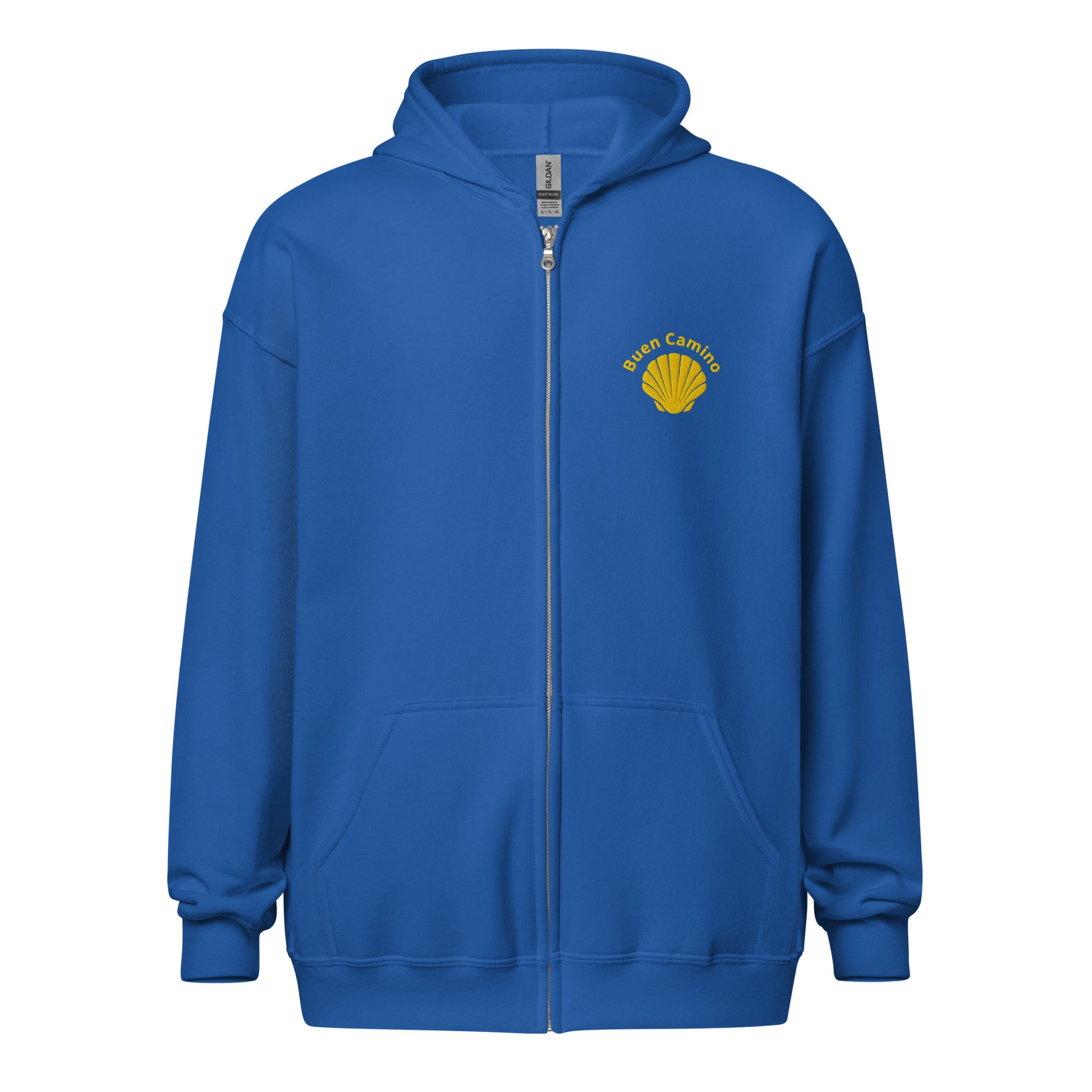 Bestickter Camino de Santiago Zip Hoodie in royalblau mit Jakobsmuschel und 'Buen Camino'-Schriftzug auf der Brust