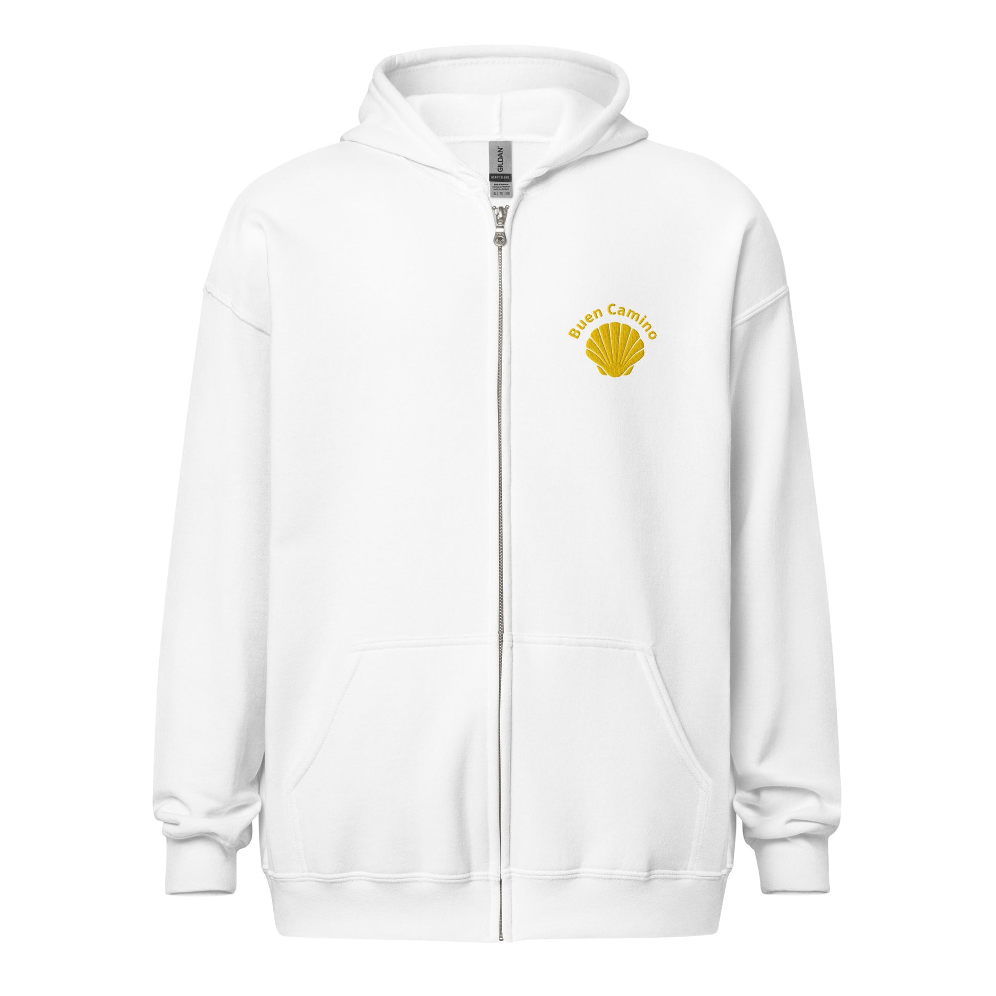 Bestickter Camino de Santiago Zip Hoodie in weiss mit Jakobsmuschel und 'Buen Camino'-Schriftzug auf der Brust