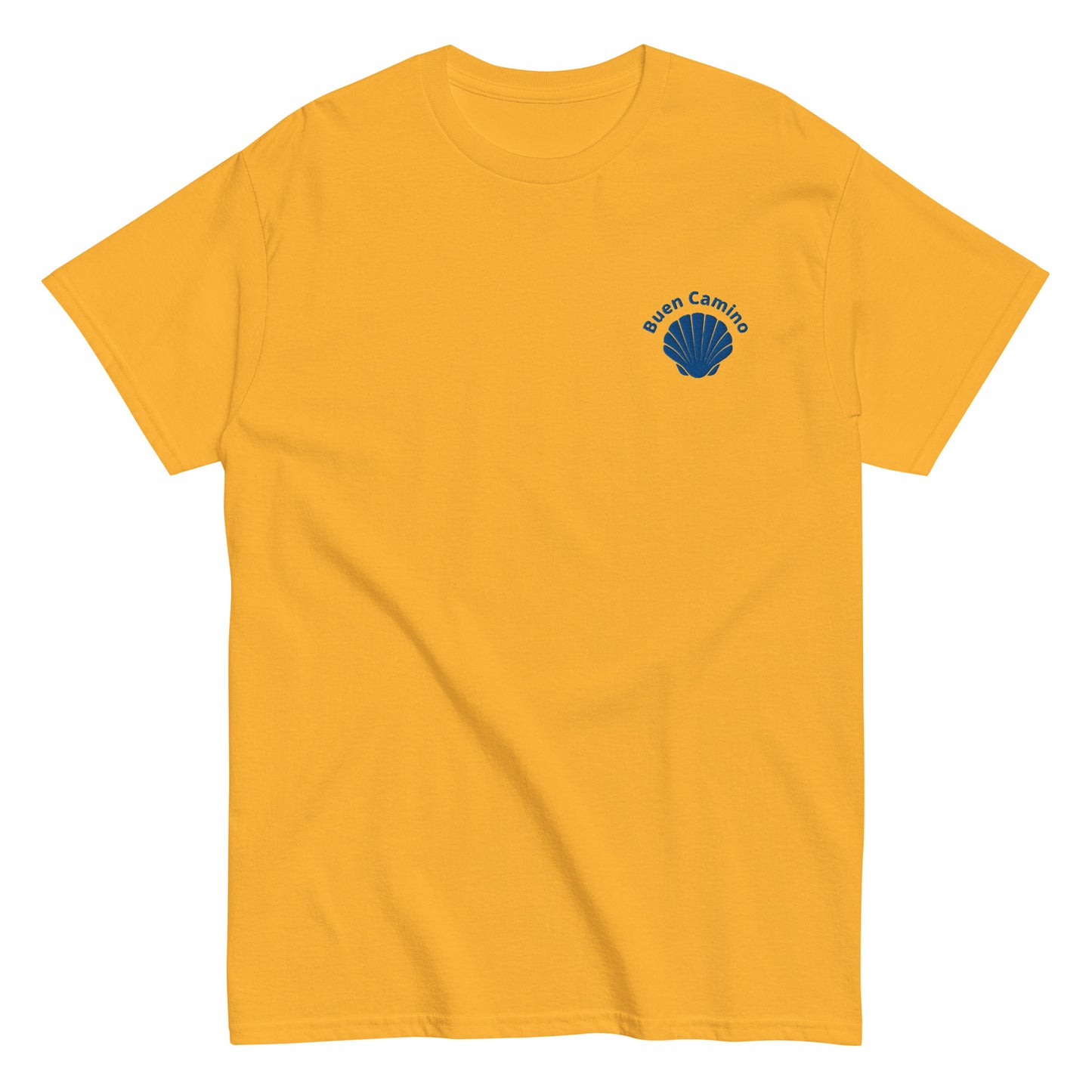 Besticktes Camino de Santiago T-Shirt mit Jakobsmuschel und 'Buen Camino'-Schriftzug auf der Brust, gelb