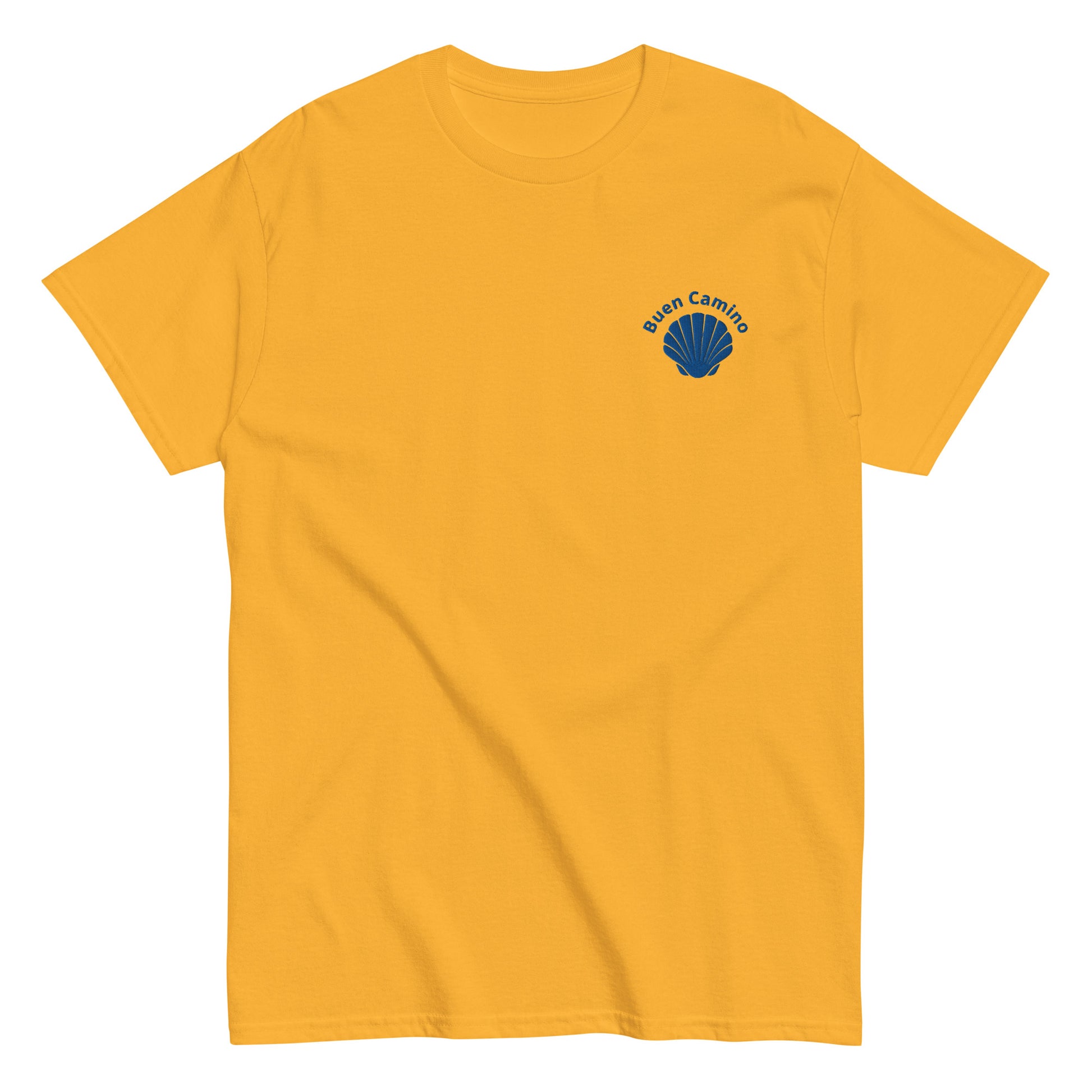 Besticktes Camino de Santiago T-Shirt mit Jakobsmuschel und 'Buen Camino'-Schriftzug auf der Brust, gelb