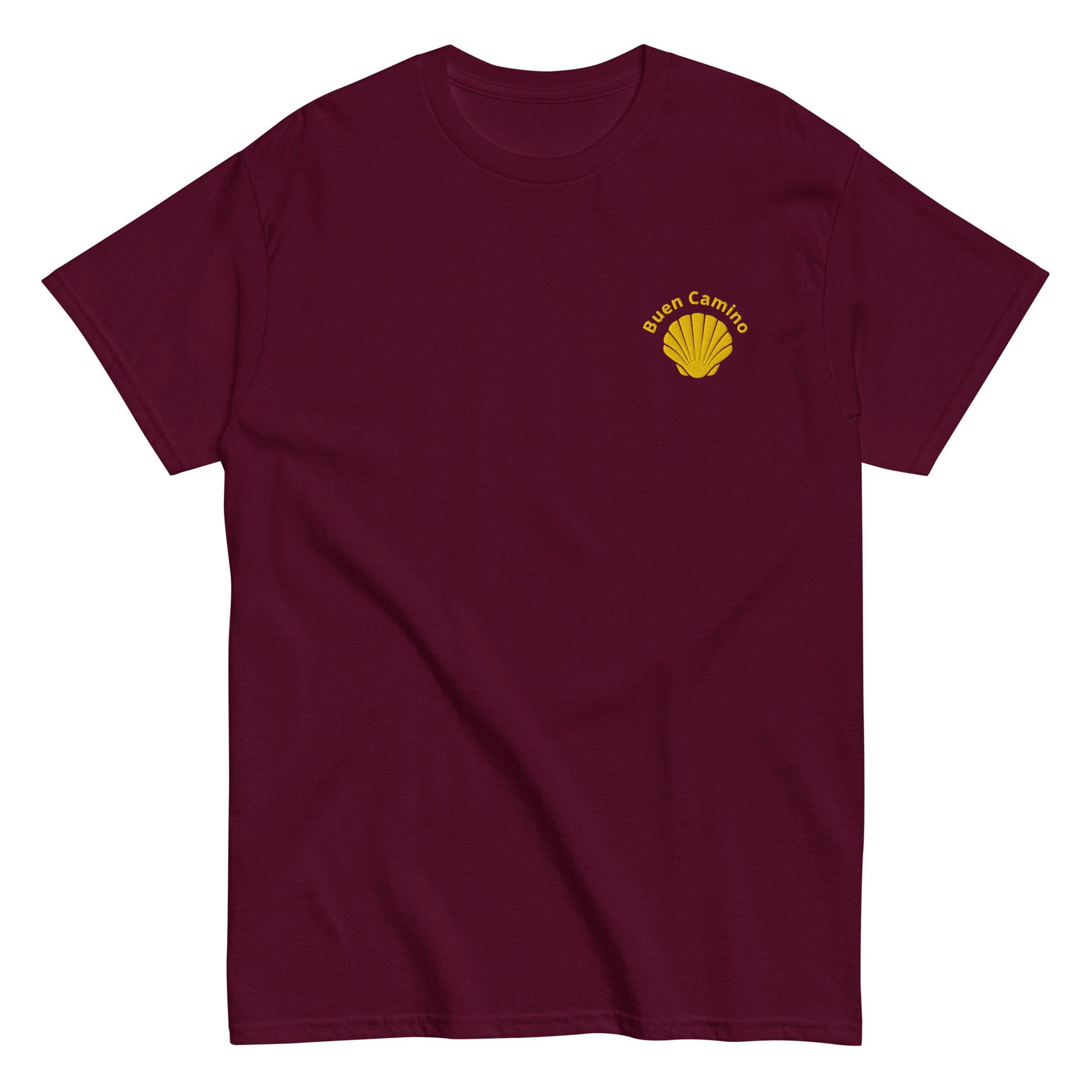 Besticktes Camino de Santiago T-Shirt mit Jakobsmuschel und 'Buen Camino'-Schriftzug auf der Brust, kastanienbraun