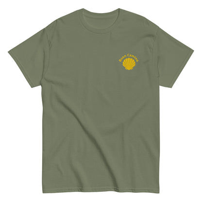 Besticktes Camino de Santiago T-Shirt mit Jakobsmuschel und 'Buen Camino'-Schriftzug auf der Brust, militärgrün