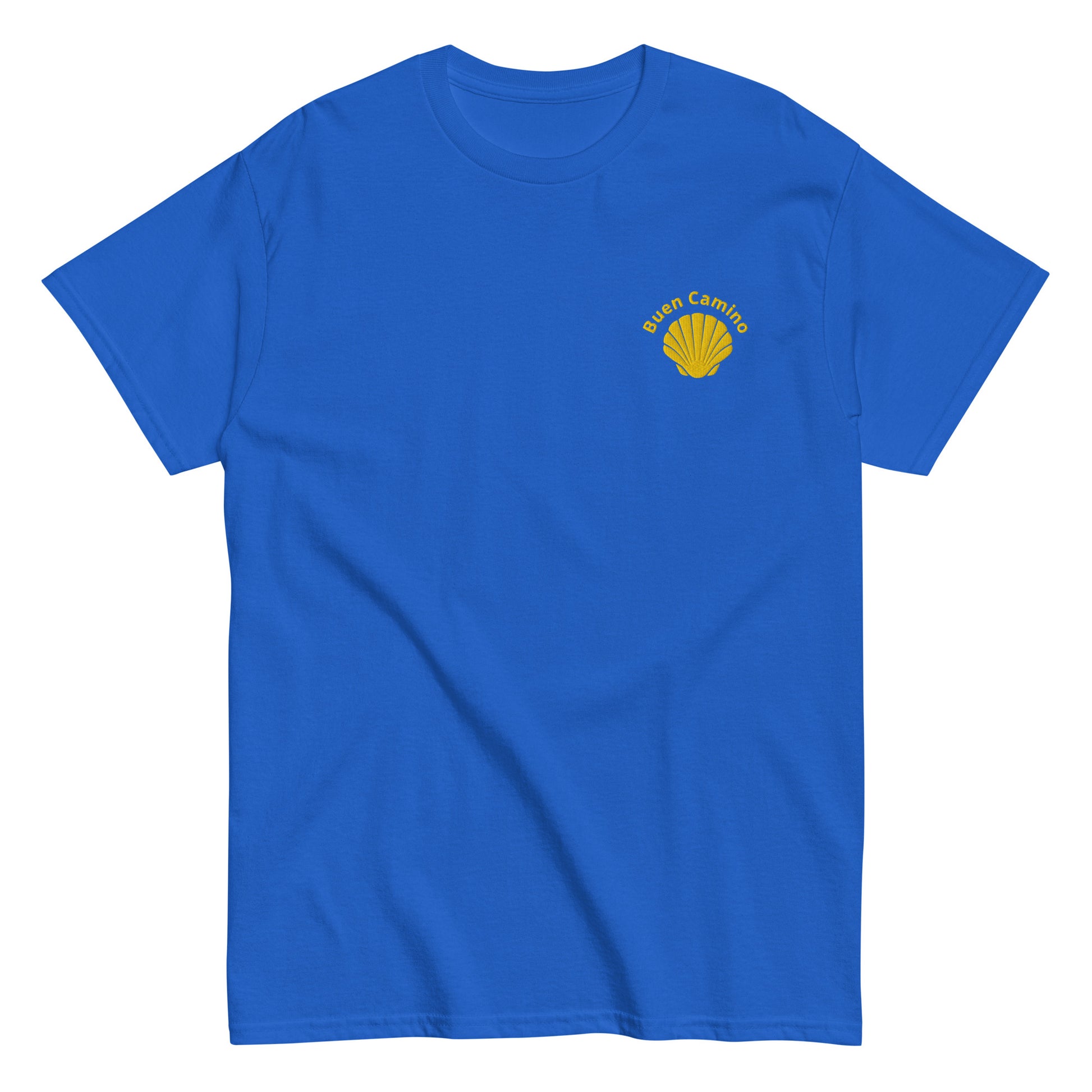 Besticktes Camino de Santiago T-Shirt mit Jakobsmuschel und 'Buen Camino'-Schriftzug auf der Brust, royalblau