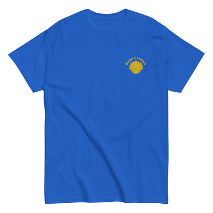 Besticktes Camino de Santiago T-Shirt mit Jakobsmuschel und 'Buen Camino'-Schriftzug auf der Brust, royalblau