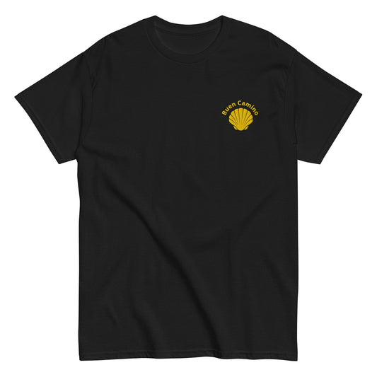 Besticktes Camino de Santiago T-Shirt mit Jakobsmuschel und 'Buen Camino'-Schriftzug auf der Brust, schwarz