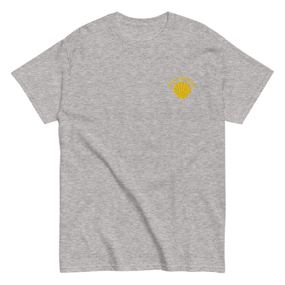 Besticktes Camino de Santiago T-Shirt mit Jakobsmuschel und 'Buen Camino'-Schriftzug auf der Brust, sportgrau